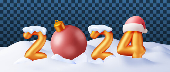 Obraz premium 3d Gold Balloon 2024 New Year Symbol in Snow Isolated. Render Golden 2024 Number Holiday Party Decoration. Metallic Ballon Shiny Font. New Year and Xmas Celebration. Realistic Vector Illustration