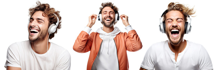 Set of music lovers deriving pleasure from beats and rhythm through headphones, cut out