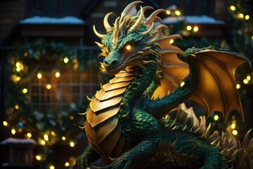 Fototapeta premium The symbol of 2024 is a green dragon with a gift. postcard
