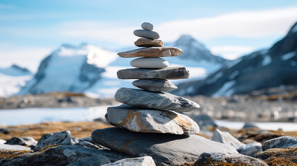 Stacked stones in the peaceful snowy mountains of the arctic north. Generative AI	 - obrazy, fototapety, plakaty