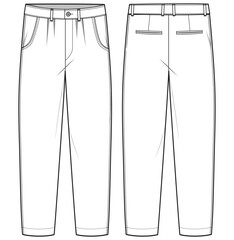 Men's Casual chino trouser pant front and back view flat sketch fashion illustration cad drawing, slim fit denim jeans pants vector template