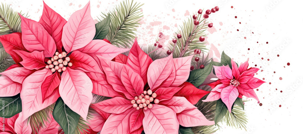 Poster Red pink Christmas Poinsettia floral pattern on white background, panoramic 