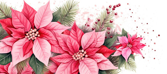 Red pink Christmas Poinsettia floral pattern on white background, panoramic 