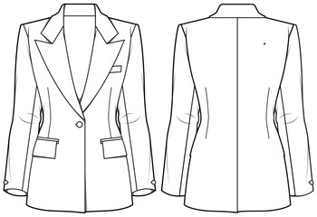 Women's Notch lapel blazer coat flat sketch fashion illustration front and back view, Work wear single breast coat suit with button technical drawing vector template. Formal wear coat