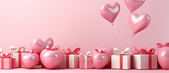 of romantic promotion for Valentine s Day Women s Day and Mother s Day with heart shaped balloons gift boxes and pink background