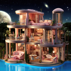 Fantasy doll house, for barbie three-storey toy building with furniture and light on background of night sky