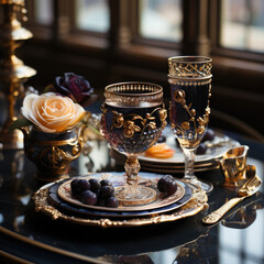 Fototapeta premium Two royal glasses of wine, champagne and blueberry, blackberry on plate for breakfast