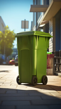 A green trash can sitting on a sidewalk