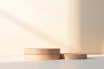 Empty wooden pedestal on kitchen table before white brick wall