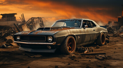 Obraz na płótnie Canvas Muscle Car Roaming the Post-Apocalyptic Desert Wasteland
