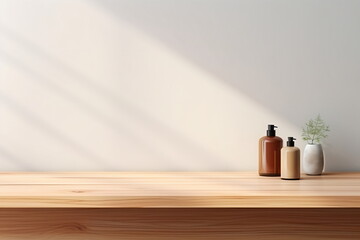 Empty wooden pedestal on kitchen table before white brick wall