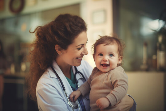 Female pediatric nurse with little happy child. Generative AI