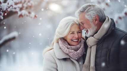 Senior couple smiling and enjoying life outdoors in winter landscape. Beautiful woman and handsome man in snowfall. There is romance in the air. Blurry background. - obrazy, fototapety, plakaty