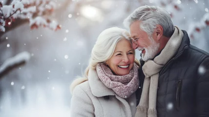 Fotobehang Senior couple smiling and enjoying life outdoors in winter landscape. Beautiful woman and handsome man in snowfall. There is romance in the air. Blurry background. © ekim