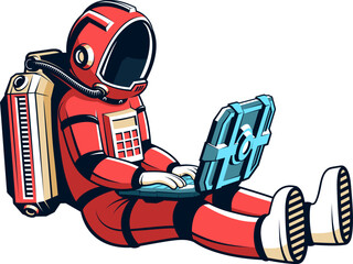 Astronaut in a spacesuit sits with a fantastic laptop. Spaceman with computer. Isolated Vector illustration in retro style.