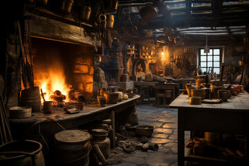 traditional village kitchen filled with the warm glow of a wood-burning stove, where villagers gather for cooking, storytelling, and community bonding - obrazy, fototapety, plakaty