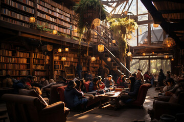photo featuring a cozy village library with bookshelves, comfortable reading nooks, and villagers engrossed in books, promoting a love for literature and learning in rural areas - obrazy, fototapety, plakaty