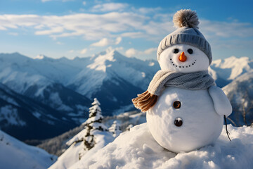 Obraz premium Snowman standing on the top of mountain, Merry Christmas
