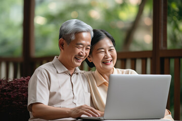asian people use smartphone communication to family home isolation ides concept,Happy asia mature couple using mobile phone on sofa - obrazy, fototapety, plakaty