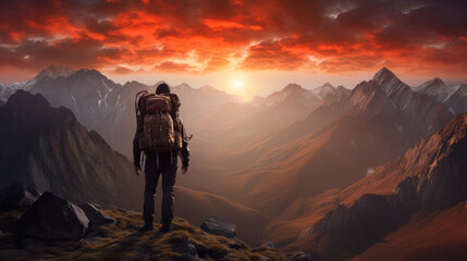 hiker looking at sunset with backpack,a man hikers on top of a mountain at sunset or sunrise.