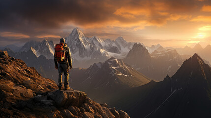 hiker looking at sunset with backpack,a man hikers on top of a mountain at sunset or sunrise. - obrazy, fototapety, plakaty