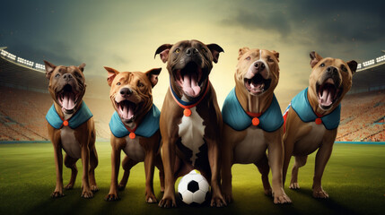 Team pit bull dogs play soccer 
