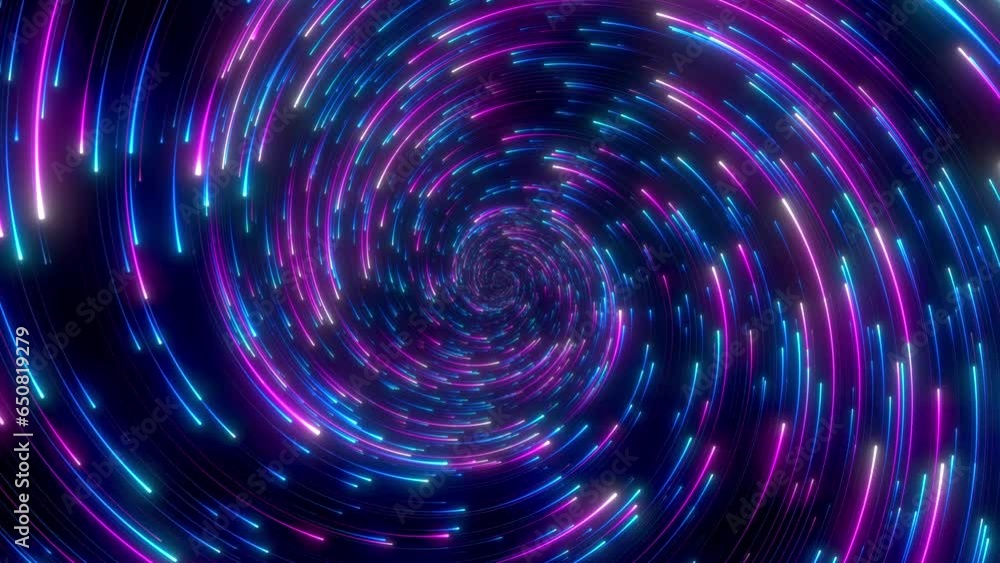 Poster minimal spiral in infinite rotation. abstract background in blue and purple neon colors. rotating ga