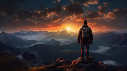 a man climbing a large mountain at sunset. Silhouette and leadership concept, outdoors on top of a mountain,A man standing on rock on a mountain - obrazy, fototapety, plakaty