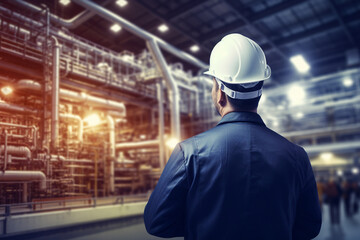 Technician engineer in front of factory plant. Generative AI