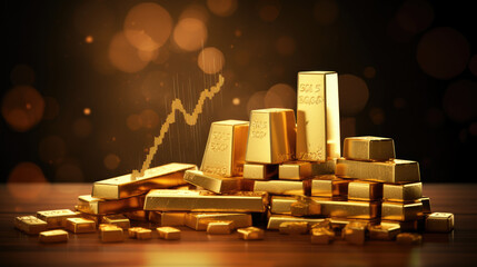 golden bars stacked up against a stock chart,A stack of gold bars 
