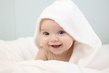 Fototapeta na wymiar Newborn baby close up, happy baby