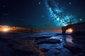 Fantasy landscape with a cave and a milky way.  Starry sky and sea. 3d rendering
