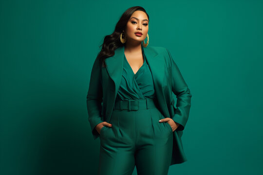 Plus size woman female model studio stylish fashion posing. Generative AI