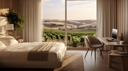 Minimalist hotel room interior with a view on vineyard. 