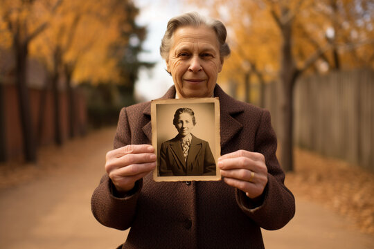 Elderly senior holding vintage old photo, nostalgia concept. Generative AI