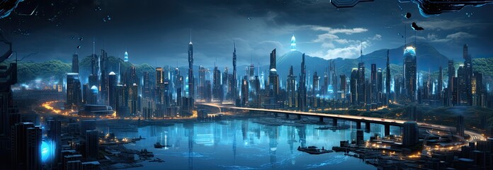 Futuristic blue cityscape over the river at blue hour sunset 