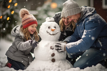 Happy family building a snowman together in their backyard