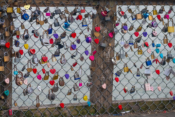 Colorful padlocks of love in a fence at Pier 39 in San Francisco, California, USA