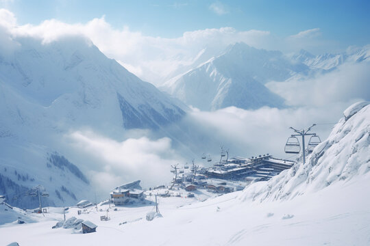 Ski resort in high mountains at winter day. Generative AI