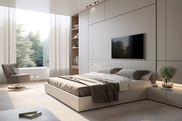 Bedroom Interior Design with TV: Cozy Bed Near Television Cabinet & Closet in Apartment Home Style
