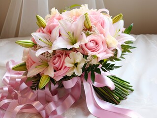 Romantic Flower Bouquet with Ribbon - Elegant Decoration for Weddings and Tables with Roses, White and Pink Flowers in a Vase