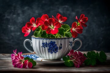 Obraz na płótnie Canvas geraniums in blooms in a pottery vase