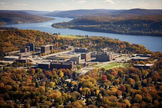 Early Afternoon Aerial Photography of Ithaca, New York. Enjoy the Historical and Commercial Charm of the Upstate County and its Scenic Lake and Gorge Views