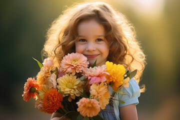 Naklejka premium Child holding a bouquet of fresh spring flowers