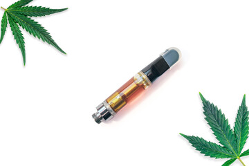 Vape cartridge with cannabis oil distillate with Marijuana leafs isolated on white