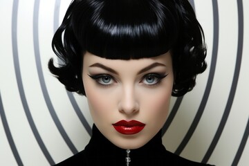 Classic Retro Glamour, Black and White.
A glamorous retro-styled woman with striking makeup and a black outfit against a hypnotic background.