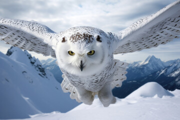 Snowy owl in flight against a backdrop of a pristine snow-covered landscape
