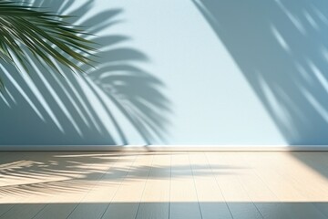 Background with blue walls and beautiful floral shadows and empty floor