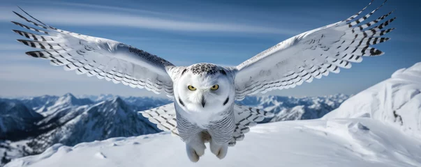 Verdunkelungsvorhänge Schnee-Eule Snowy owl in flight against a backdrop of a pristine snow-covered landscape