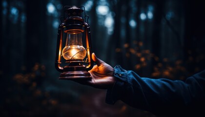 Photo of a person holding a lantern in their hand - obrazy, fototapety, plakaty